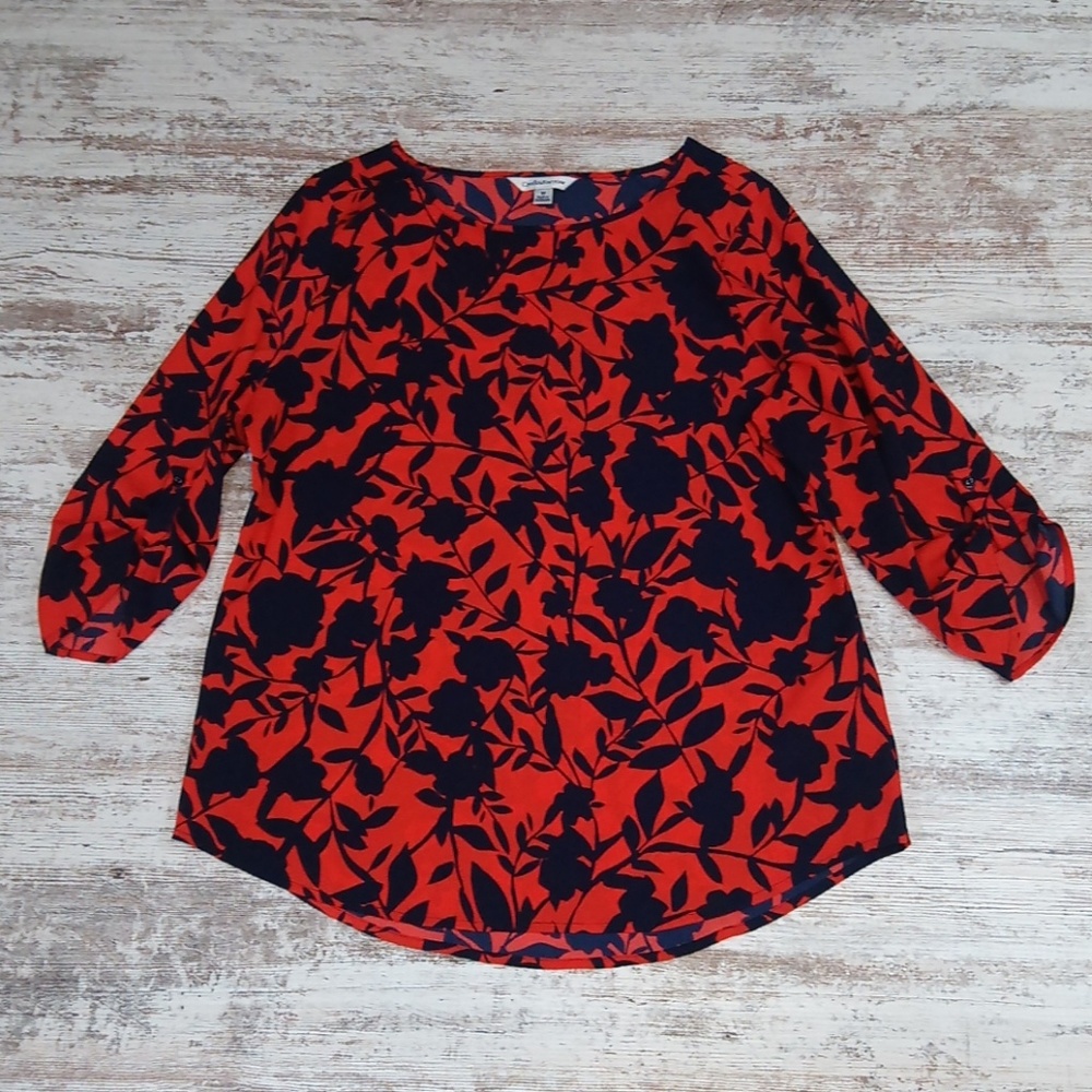 Crew Neck Flowy Floral Holiday Blouse Top 3/4 Sleeves